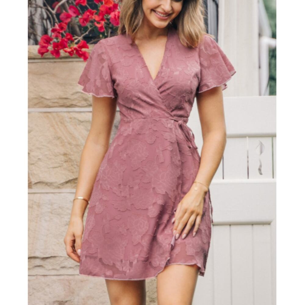 New CUPSHE Women's Rose Pink Aylin V-neck Flared Sleeve Mini Wrap Dress Size L - Picture 1 of 9